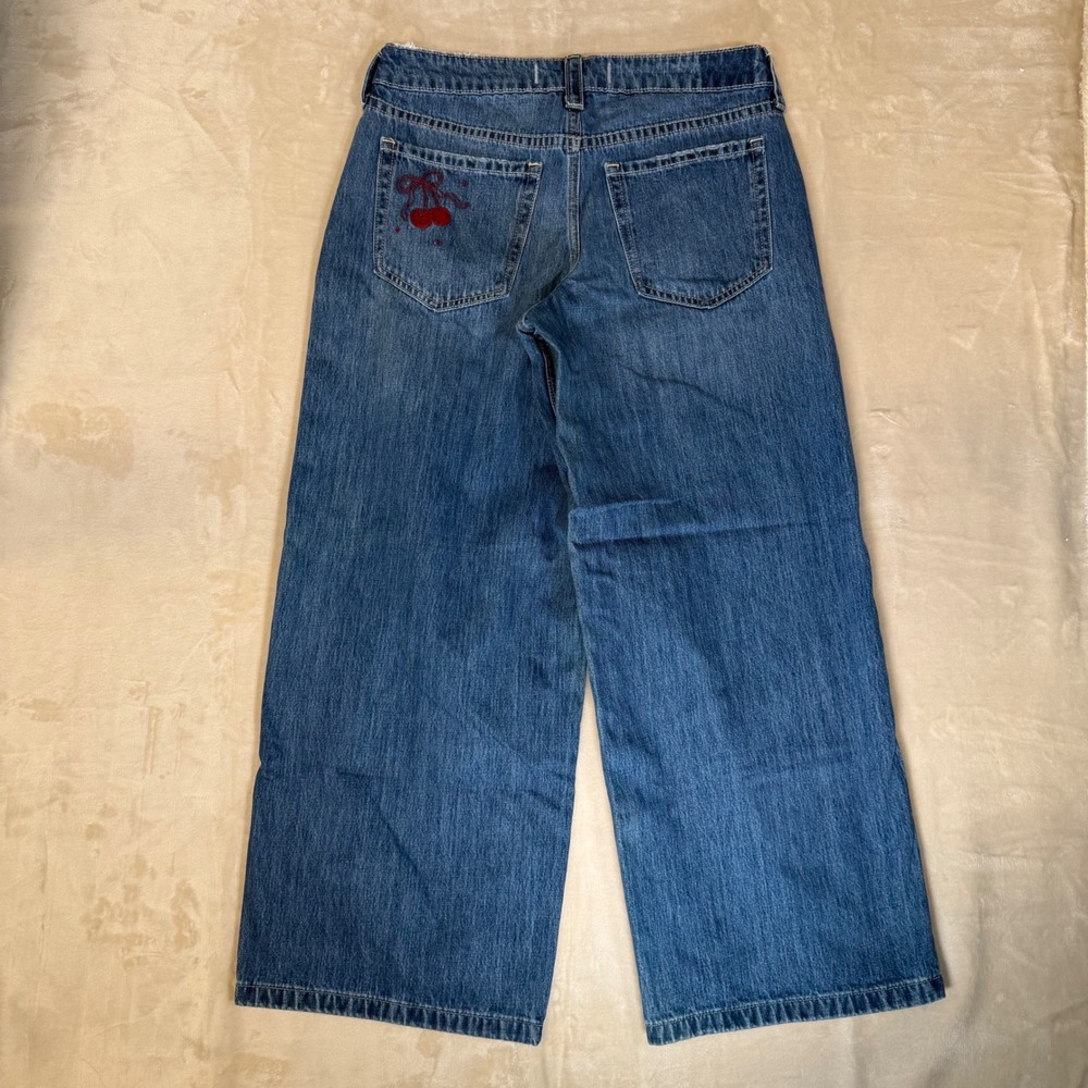 Hollister Low-Rise Super‎ Baggy Jeans Womens Size 8R W29 Blue Cherry Embroidery